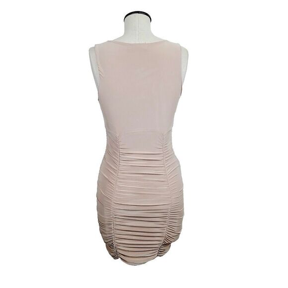 21 Saints Tank Mini Dress S Beige Stretch Ruched Sleeveless Bodycon Sexy Popover - Picture 2 of 5